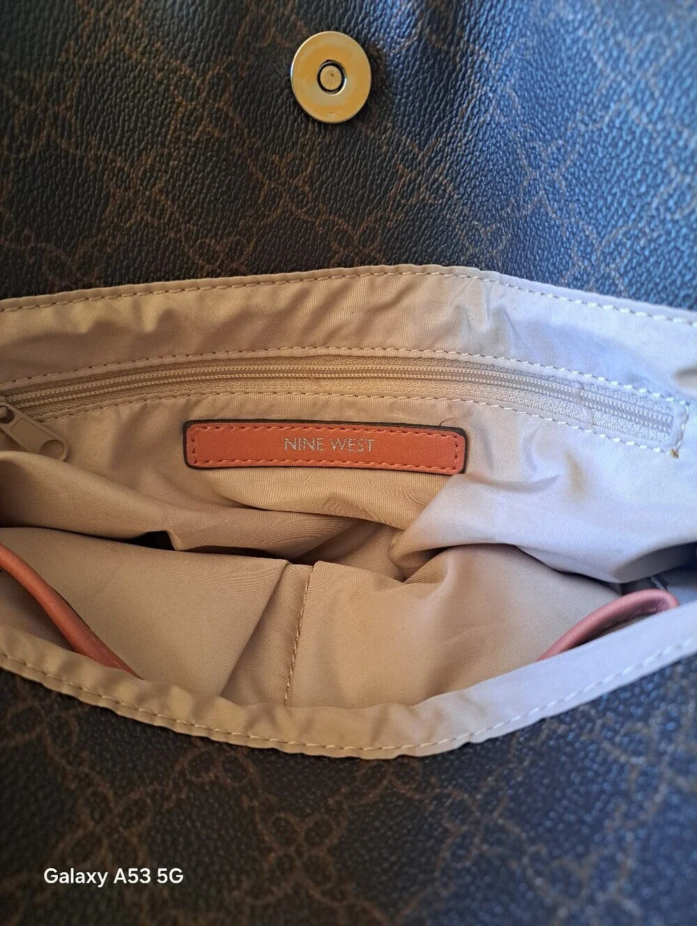 Nine West Brown Logo Satchel with Pink Handles and Dark Trim